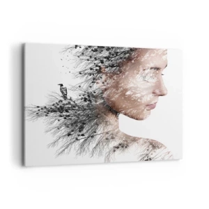 Bild auf Leinwand - Leinwandbild - Silhouette einer Frau mit einem Zweig und Vogelmotiv im Hintergrund - 100x70cm - Der Geist des Waldes - Moderne Wanddekoration für Wohnzimmer und Schlafzimmer ARTTOR