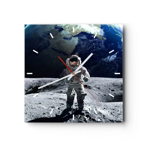 Wanduhr - Glasuhr - Astronaut auf der Mondoberfläche mit der Erde im Hintergrund - 30x30cm - Grüße vom Mond - Moderne Wanddekoration für Wohnzimmer und Schlafzimmer ARTTOR