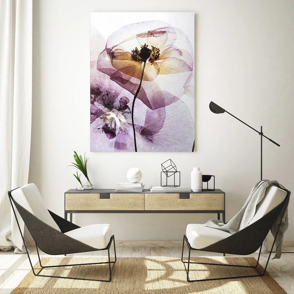 Glasbild - Bild auf glas - Zarte Blüten in transparenten Pastellfarben auf hellem Untergrund - 50x70cm - Transparente Körperblumen - Moderne Wanddekoration für Wohnzimmer und Schlafzimmer ARTTOR