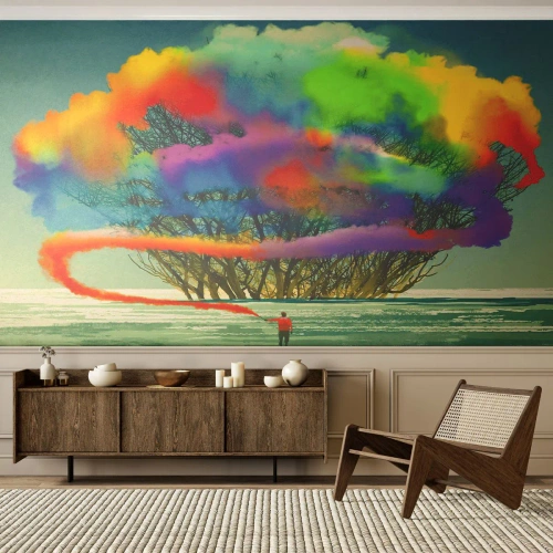 Fototapete Standard Eco - Ein Baum, umgeben von farbigem Rauch und eine Figur mit einer Fackel - 100x70cm - Erwecke diese Welt zum Leben - Moderne Wanddekoration für Wohnzimmer und Schlafzimmer ARTTOR