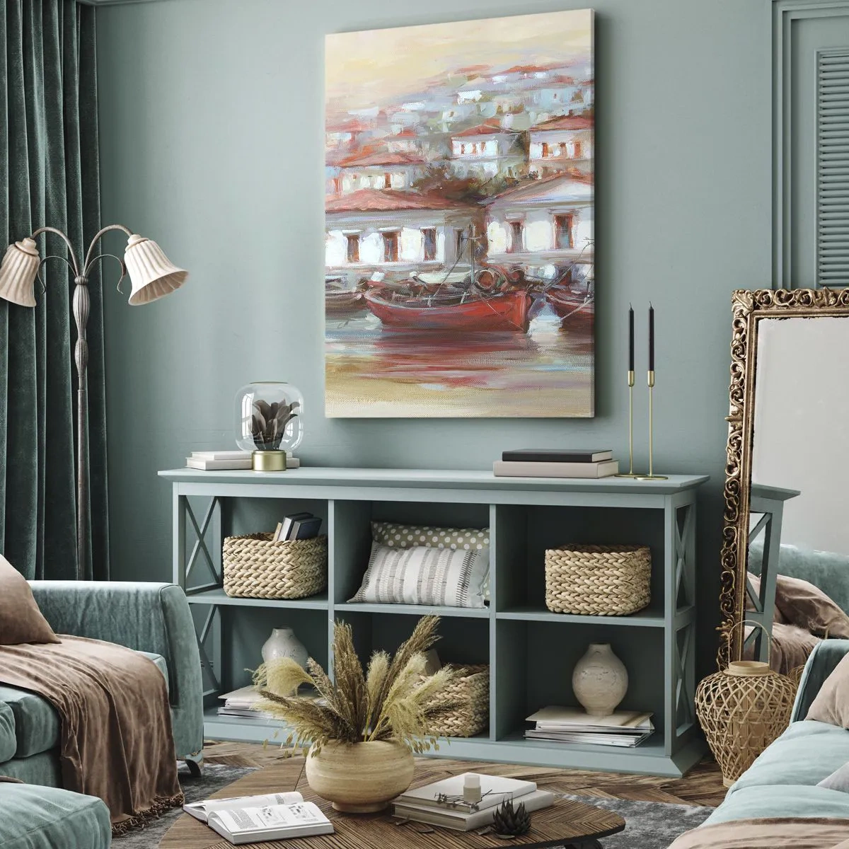 Bild auf Leinwand - Leinwandbild - Bunte Boote und malerische Gebäude am Wasser in Pastelltönen - 80x120cm - Glückliche Stadt - Moderne Wanddekoration für Wohnzimmer und Schlafzimmer ARTTOR