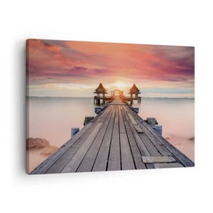 Bild auf Leinwand - Leinwandbild - Holzsteg führt zu Pavillons bei Sonnenuntergang - 70x50cm - Westen im Osten - Moderne Wanddekoration für Wohnzimmer und Schlafzimmer ARTTOR