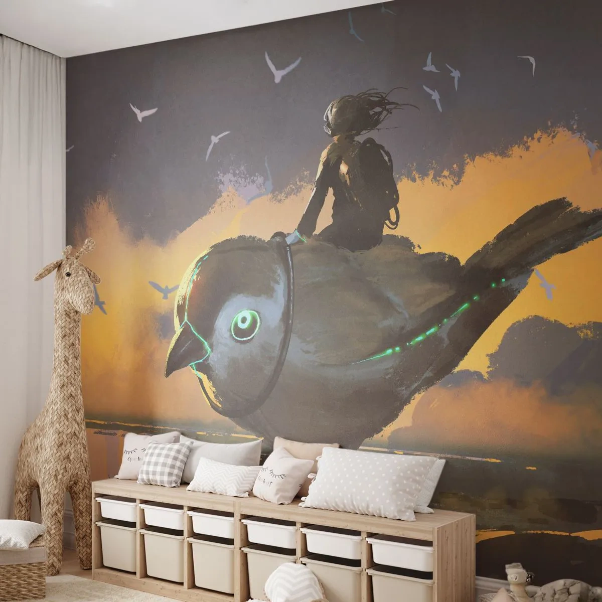 Fototapete Premium Sand - Reiter auf einem mechanischen Vogel in einer futuristischen Landschaft - 100x70cm - Ein Stopp auf einer fantastischen Reise - Moderne Wanddekoration für Wohnzimmer und Schlafzimmer ARTTOR