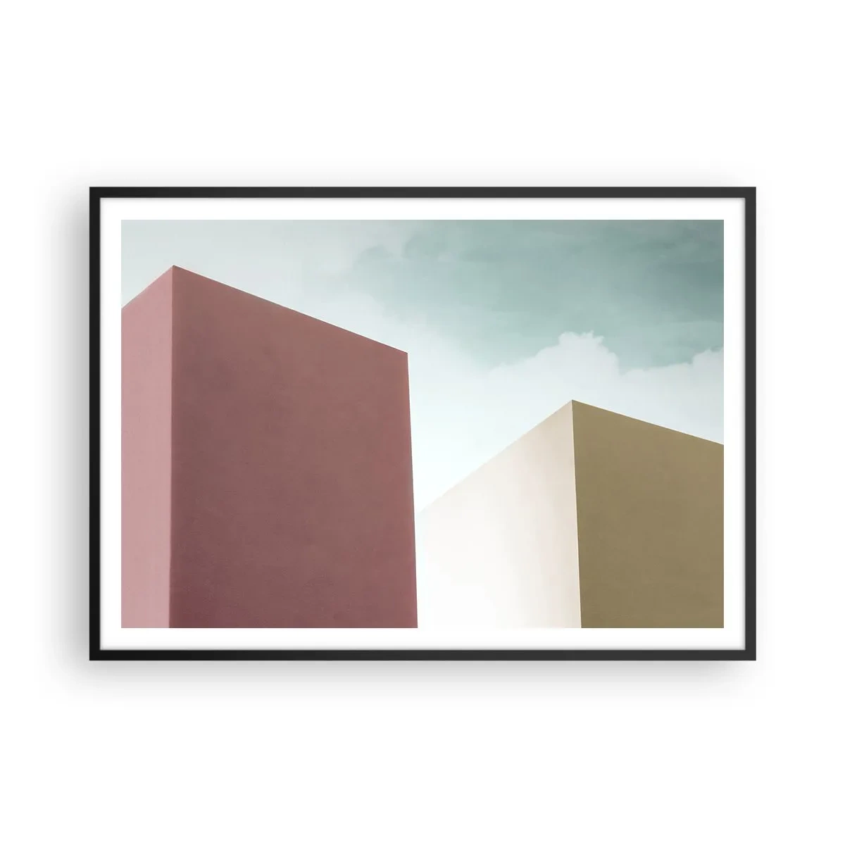 Poster in einem schwarzem Rahmen - Minimalistische Architektur mit pastellfarbenen Blöcken und Himmel - 100x70cm - Geometrie des sonnigen Sommers - Moderne Wanddekoration für Wohnzimmer und Schlafzimmer ARTTOR