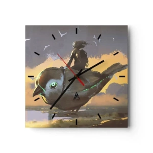 Wanduhr - Glasuhr - Reiter auf einem riesigen Vogel in einer surrealen Landschaft - 30x30cm - Ein Stopp auf einer fantastischen Reise - Moderne Wanddekoration für Wohnzimmer und Schlafzimmer ARTTOR