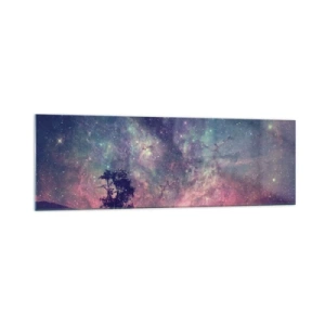 Glasbild - Bild auf glas - Ein Baum vor einem Sternenhimmel in violetten und blauen Farben - 160x50cm - Unter dem magischen Himmel - Moderne Wanddekoration für Wohnzimmer und Schlafzimmer ARTTOR