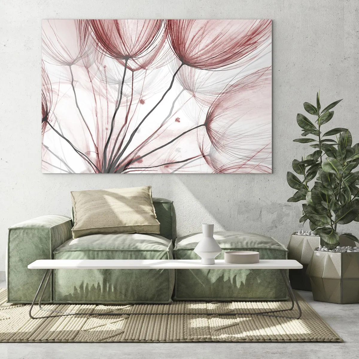 Glasbild - Bild auf glas - Dezente Pusteblumen in Rosa- und Schwarztönen - 70x50cm - Vor der Abfahrt - Moderne Wanddekoration für Wohnzimmer und Schlafzimmer ARTTOR
