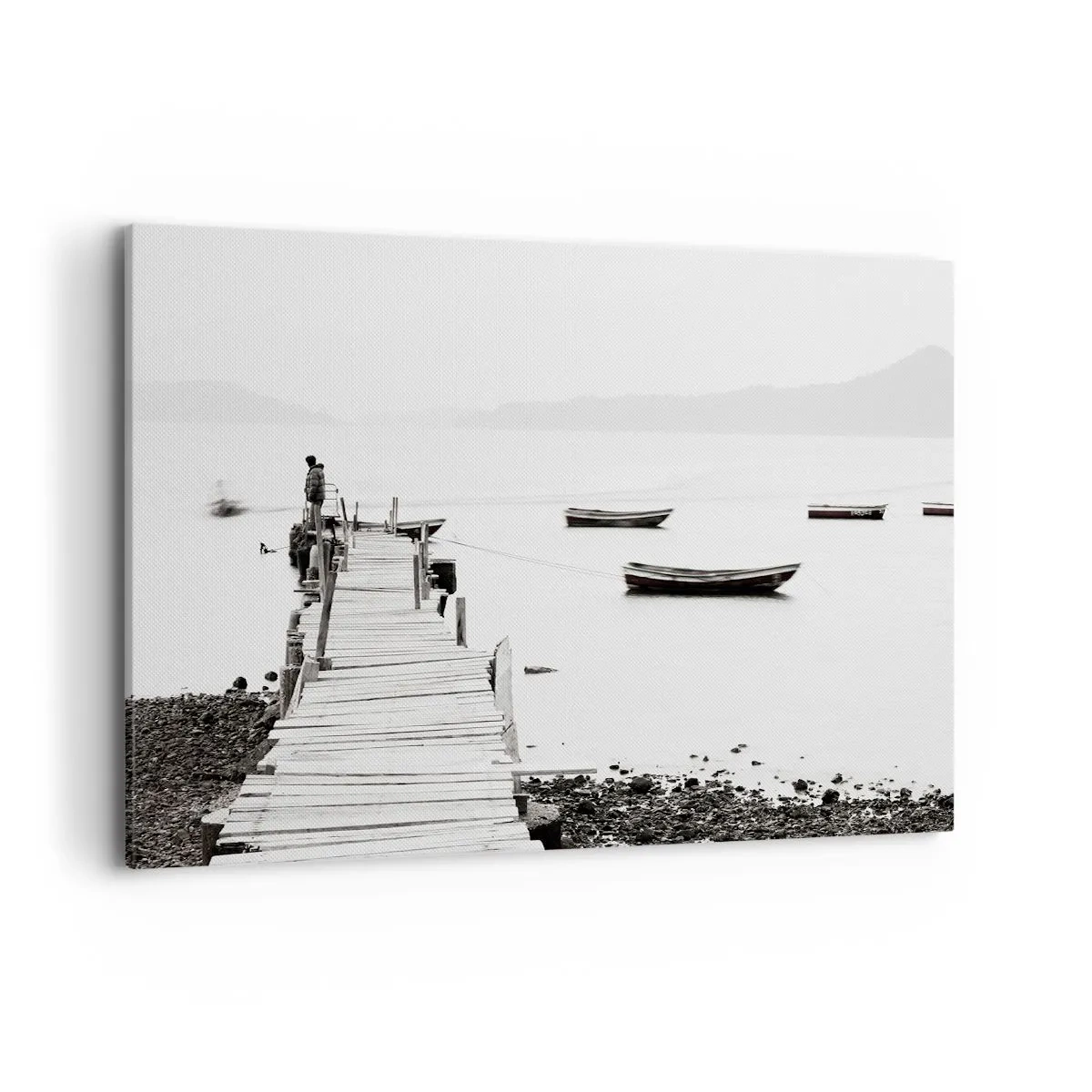 Bild auf Leinwand - Leinwandbild - Holzsteg und Boote auf ruhigem Wasser - 100x70cm - Ruhig und sauber über dem Wasser - Moderne Wanddekoration für Wohnzimmer und Schlafzimmer ARTTOR