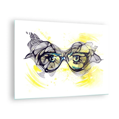 Glasbild - Bild auf glas - Brille mit kunstvollen Mustern und Augen auf gelb getöntem Hintergrund - 70x50cm - Durch blaue Brille - Moderne Wanddekoration für Wohnzimmer und Schlafzimmer ARTTOR
