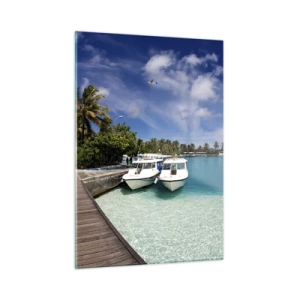 Glasbild - Bild auf glas - Exotischer Pier, Boote und türkisfarbenes Wasser - 50x70cm - Doch das Paradies gibt es - Moderne Wanddekoration für Wohnzimmer und Schlafzimmer ARTTOR