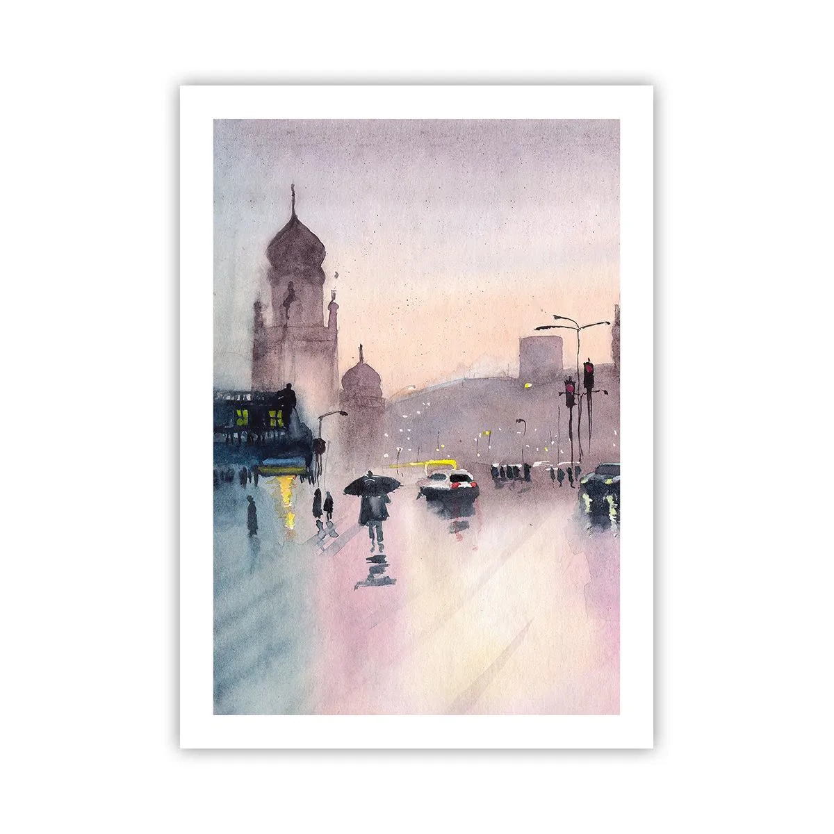 Poster - Stadtszene mit Silhouetten von Menschen und Lichtern im Regennebel - 50x70cm - Im regnerischen Dunst - Moderne Wanddekoration für Wohnzimmer und Schlafzimmer ARTTOR
