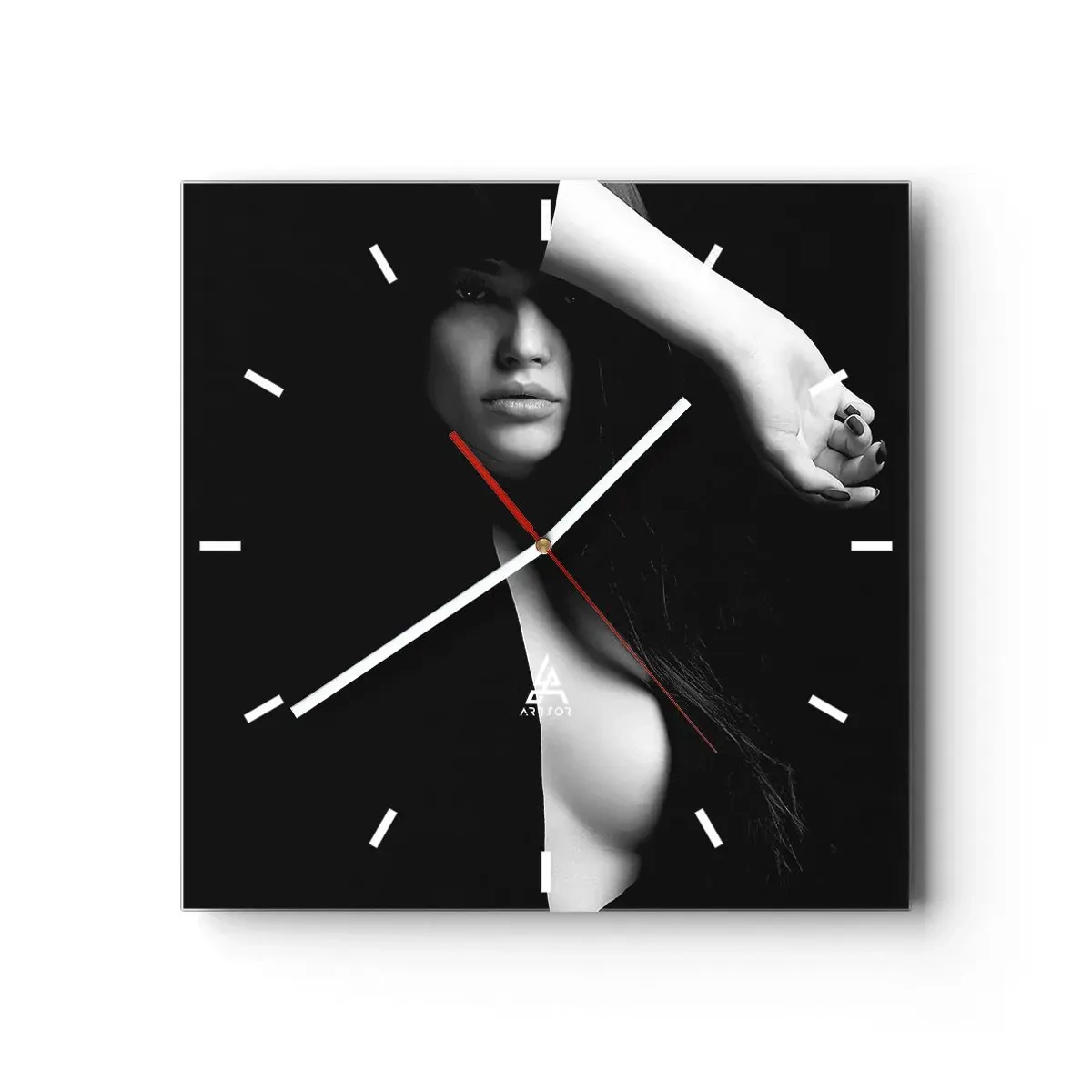 Wanduhr - Glasuhr - Stilvolles Frauenporträt in Schwarz-Weiß - 30x30cm - Schule der Verführung - Moderne Wanddekoration für Wohnzimmer und Schlafzimmer ARTTOR