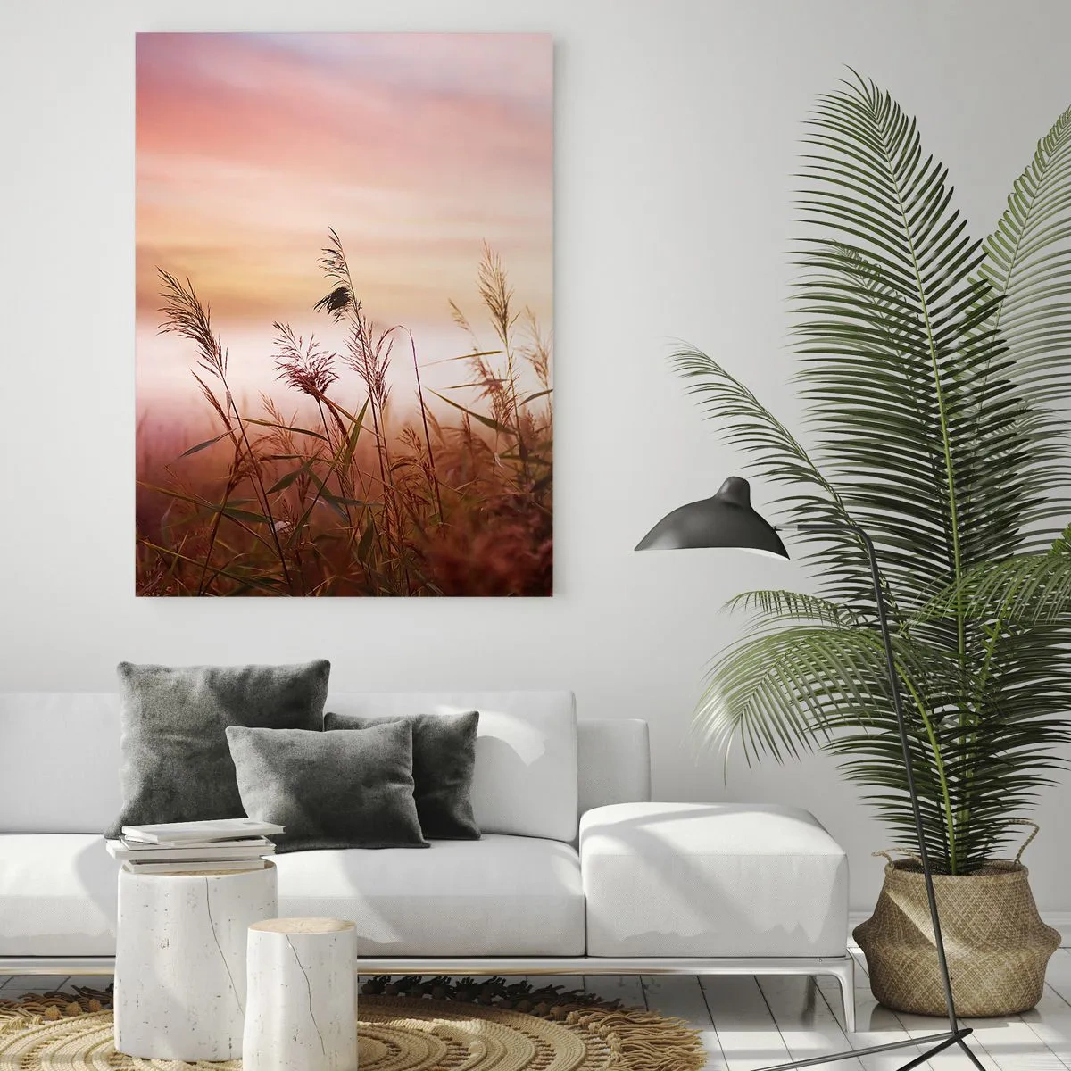 Glasbild - Bild auf glas - Eine Wiese im Morgennebel mit pastellfarbenem Himmel - 50x70cm - Drachen, Löwenzahn, Wind - Moderne Wanddekoration für Wohnzimmer und Schlafzimmer ARTTOR