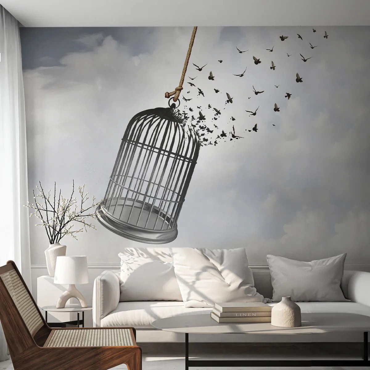 Fototapete Premium Sand - Vögel fliegen aus einem kaputten Käfig gegen den Himmel - 100x70cm - Glaube ... Hoffnung ... Freiheit! - Moderne Wanddekoration für Wohnzimmer und Schlafzimmer ARTTOR