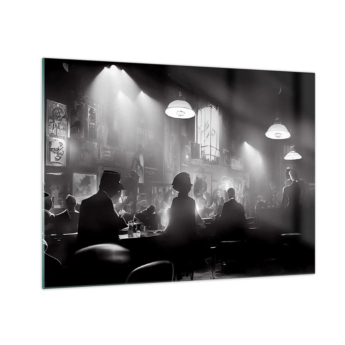 Glasbild - Bild auf glas - Schwarz-weiße Jazzbühne im Club-Interieur - 70x50cm - In Jazz-Atmosphäre - Moderne Wanddekoration für Wohnzimmer und Schlafzimmer ARTTOR