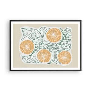 Poster in einem schwarzem Rahmen - Ein minimalistisches orangefarbenes Motiv mit grünen Blättern - 100x70cm - Ethnisch mit einem Hauch von Abstraktion - Moderne Wanddekoration für Wohnzimmer und Schlafzimmer ARTTOR