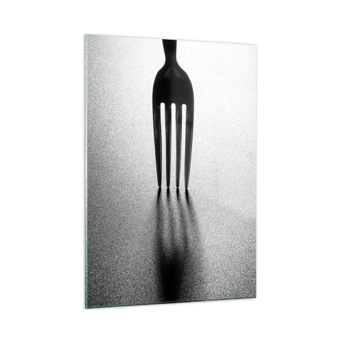 Glasbild - Bild auf glas - Eine Gabel wirft einen Schatten in einer minimalistischen Schwarz-Weiß-Komposition - 50x70cm - Licht und Schatten - Moderne Wanddekoration für Wohnzimmer und Schlafzimmer ARTTOR