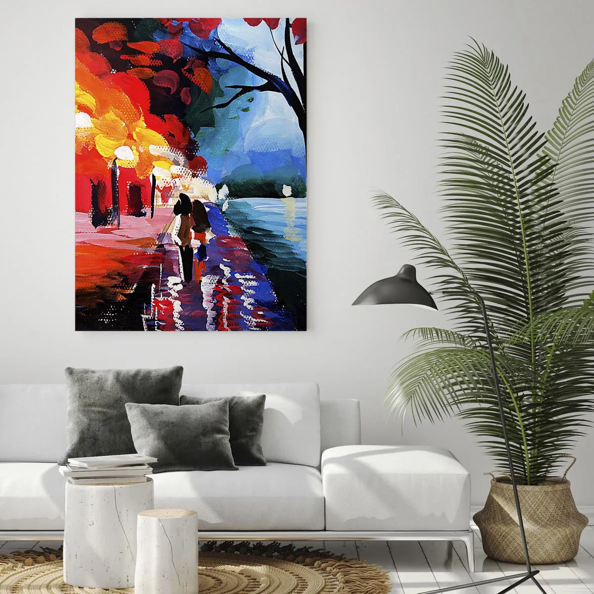 Glasbild - Bild auf glas - Ein Paar spaziert abends in einem farbenfrohen Park - 50x70cm - Strahlender Herbst im Park - Moderne Wanddekoration für Wohnzimmer und Schlafzimmer ARTTOR