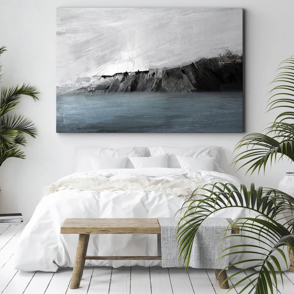 Bild auf Leinwand - Leinwandbild - Abstrakte Landschaft mit Wasser und felsigem Ufer - 70x50cm - Wasser – Erde: Kampf der Naturelemente - Moderne Wanddekoration für Wohnzimmer und Schlafzimmer ARTTOR