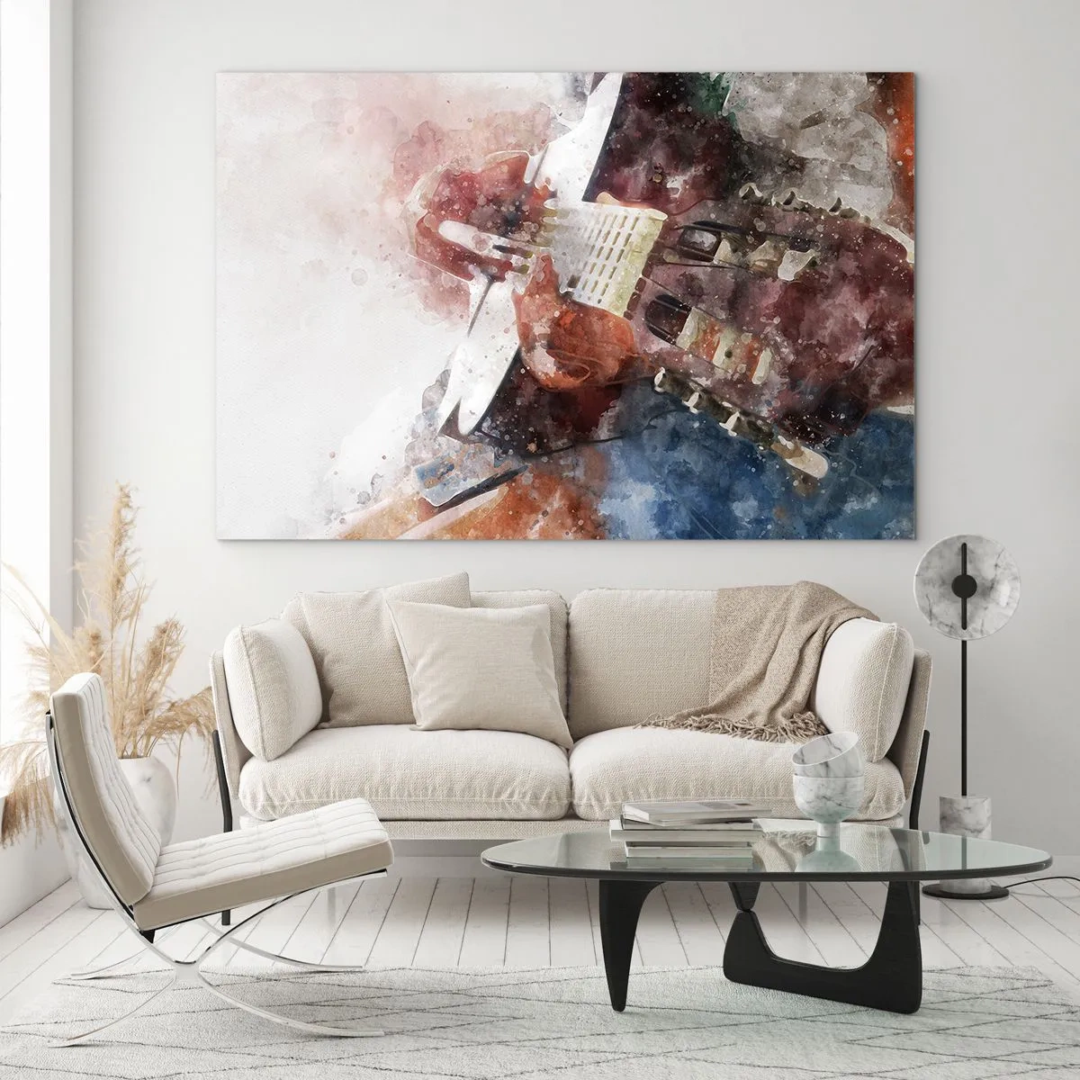 Glasbild - Bild auf glas - Ein Aquarell eines künstlerischen Gitarrenspielers - 100x70cm - Und was halten Sie davon? - Moderne Wanddekoration für Wohnzimmer und Schlafzimmer ARTTOR