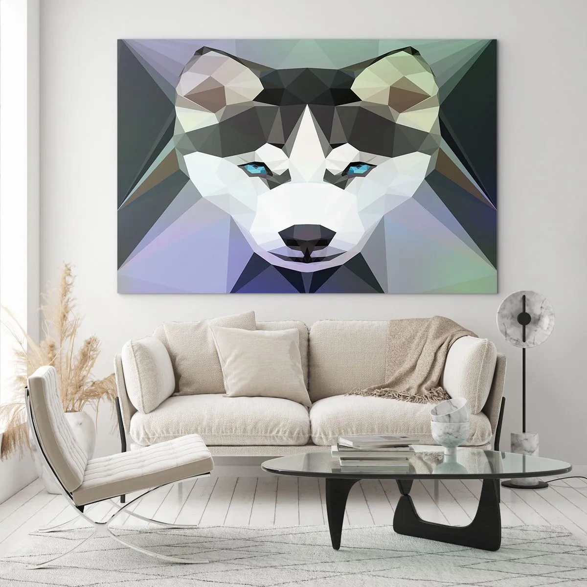 Glasbild - Bild auf glas - Wolfsgeometrie im modernen Stil - 70x50cm - Die Erinnerung an den Schnee des Nordens - Moderne Wanddekoration für Wohnzimmer und Schlafzimmer ARTTOR