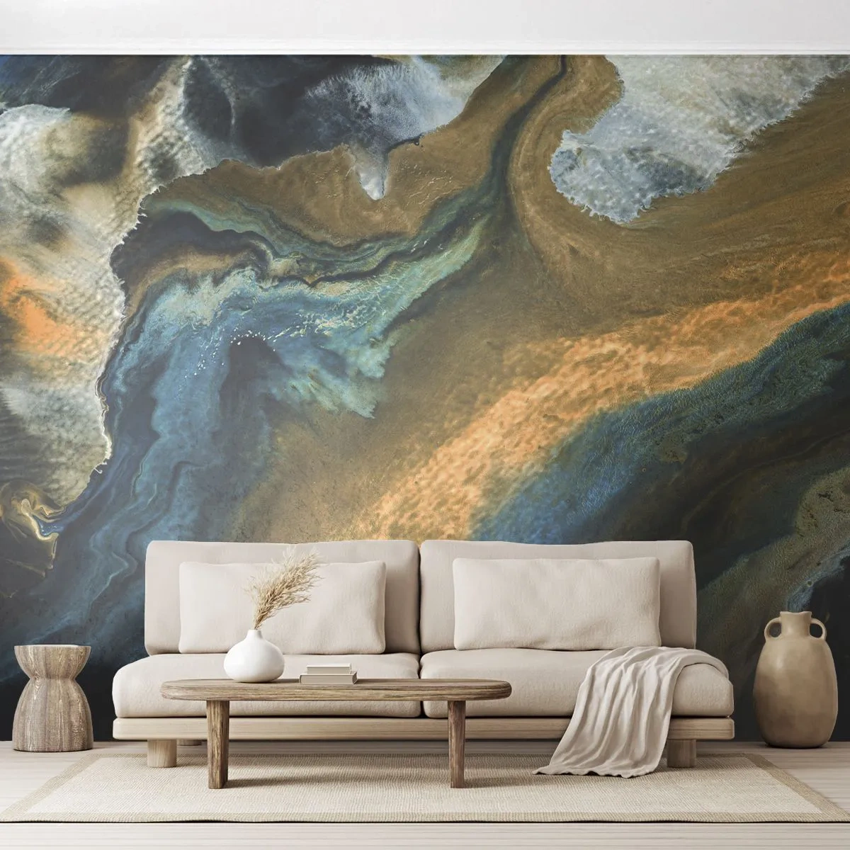 Fototapete Premium Canvas - Blau - Gelb - gegenseitige Beeinflussung - Abstraktion, Stück, Grafik - 300x210 cm