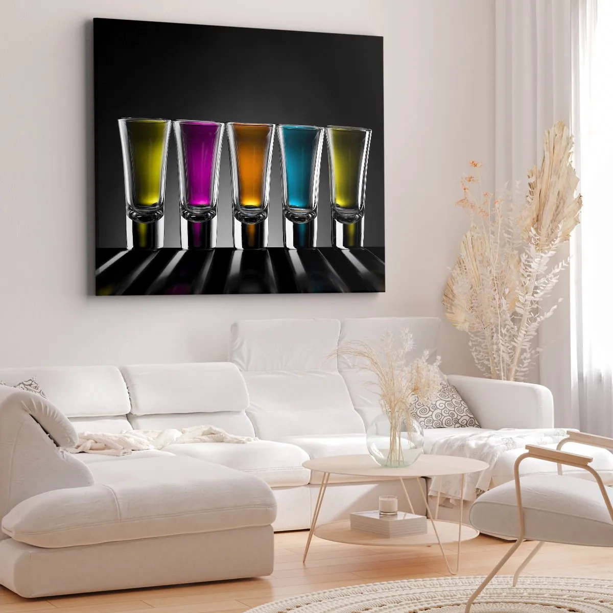 Bild auf Leinwand - Leinwandbild - Bunte Gläser auf schwarzem Hintergrund - 100x70cm - Die Farben der Freude - Moderne Wanddekoration für Wohnzimmer und Schlafzimmer ARTTOR