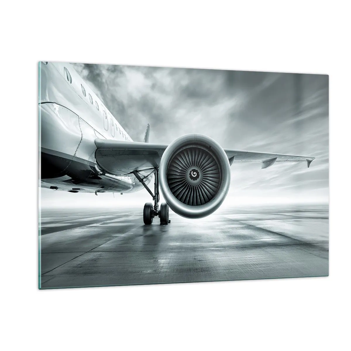 Glasbild - Bild auf glas - Die Turbine eines Passagierflugzeugs auf der Landebahn im Morgengrauen - 120x80cm - Die Macht ist da! - Moderne Wanddekoration für Wohnzimmer und Schlafzimmer ARTTOR