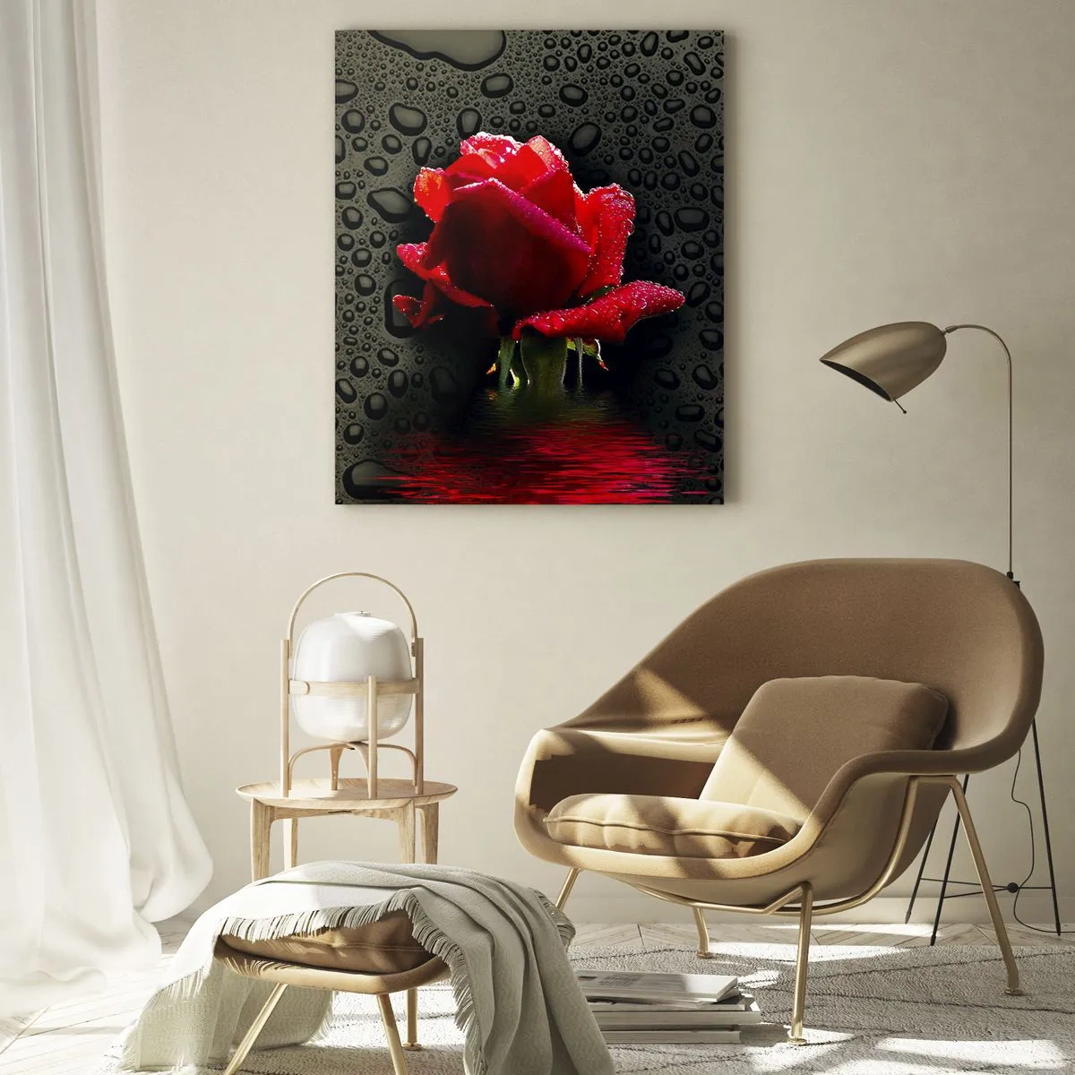 Glasbild - Bild auf glas - Rote Rose mit Wassertropfen auf dunklem Hintergrund - 50x70cm - rot und Schwarz - Moderne Wanddekoration für Wohnzimmer und Schlafzimmer ARTTOR