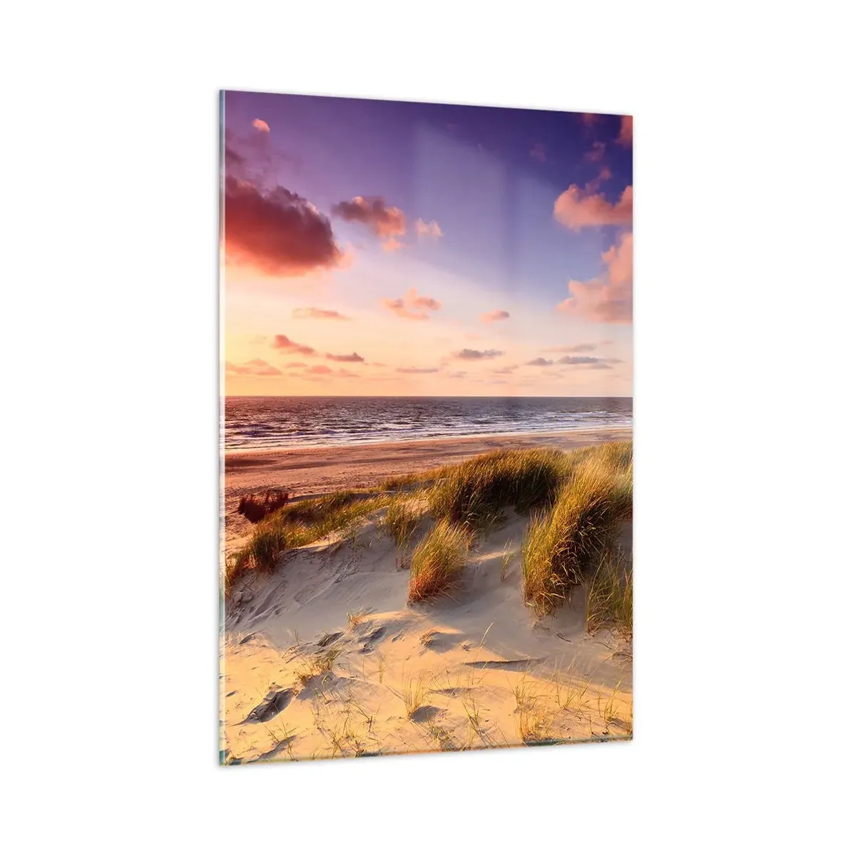 Glasbild - Bild auf glas - Ein grasbewachsener Strand und ein Sonnenuntergang über einem ruhigen Meer - 80x120cm - Die Luft riecht schon im Sommer - Moderne Wanddekoration für Wohnzimmer und Schlafzimmer ARTTOR