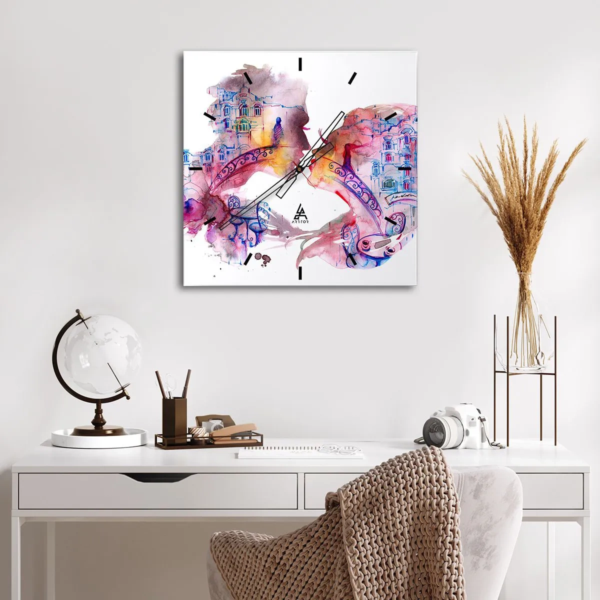 Wanduhr - Glasuhr - Ein romantisches Aquarell, das die Silhouetten von Liebenden darstellt - 30x30cm - Die geheime Seufzerbrücke - Moderne Wanddekoration für Wohnzimmer und Schlafzimmer ARTTOR