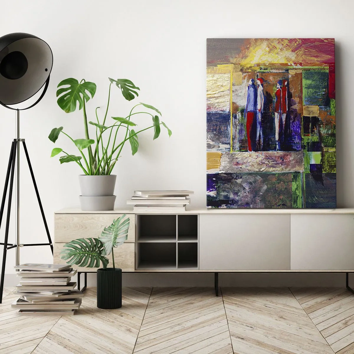 Bild auf Leinwand - Leinwandbild - Abstrakte Komposition mit Figuren und geometrischen Mustern - 70x100cm - Beziehungen und Emotionen - Moderne Wanddekoration für Wohnzimmer und Schlafzimmer ARTTOR