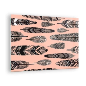 Glasbild - Bild auf glas - Dekorative Federn mit schwarz-weißem Muster auf rosa Hintergrund - 70x50cm - Indische Sammlung - Moderne Wanddekoration für Wohnzimmer und Schlafzimmer ARTTOR