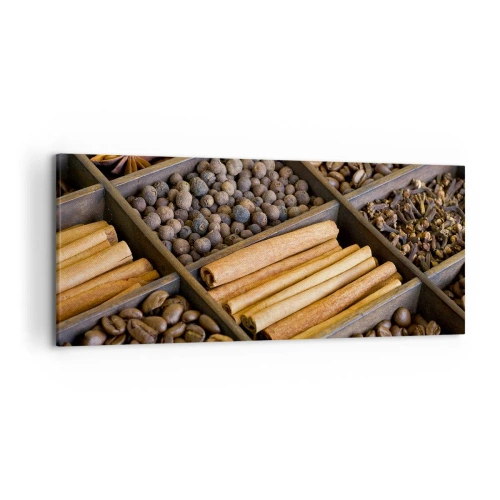 Bild auf Leinwand - Leinwandbild - Gewürze und Kaffee in Holzfächern - 120x50cm - Eine Fundgrube an Aromen - Moderne Wanddekoration für Wohnzimmer und Schlafzimmer ARTTOR