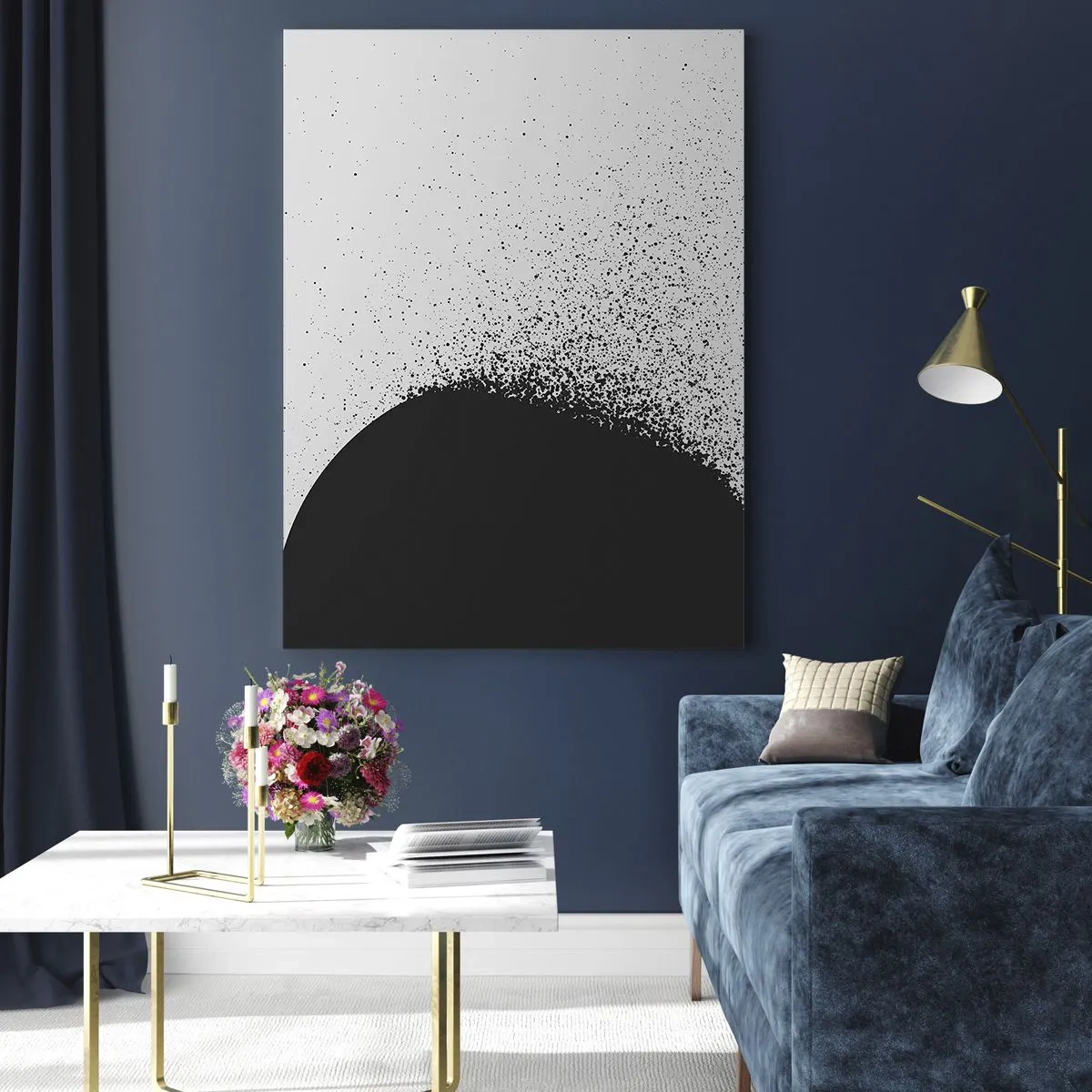 Glasbild - Bild auf glas - Abstraktes Muster mit schwarzen Partikeln auf hellem Hintergrund - 70x100cm - Bewegung von Molekülen - Moderne Wanddekoration für Wohnzimmer und Schlafzimmer ARTTOR