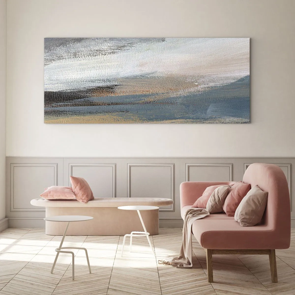 Glasbild - Bild auf glas - Abstrakte Landschaft in gedämpften Blau- und Beigetönen - 120x50cm - Abstraktion: nördliche Landschaft - Moderne Wanddekoration für Wohnzimmer und Schlafzimmer ARTTOR