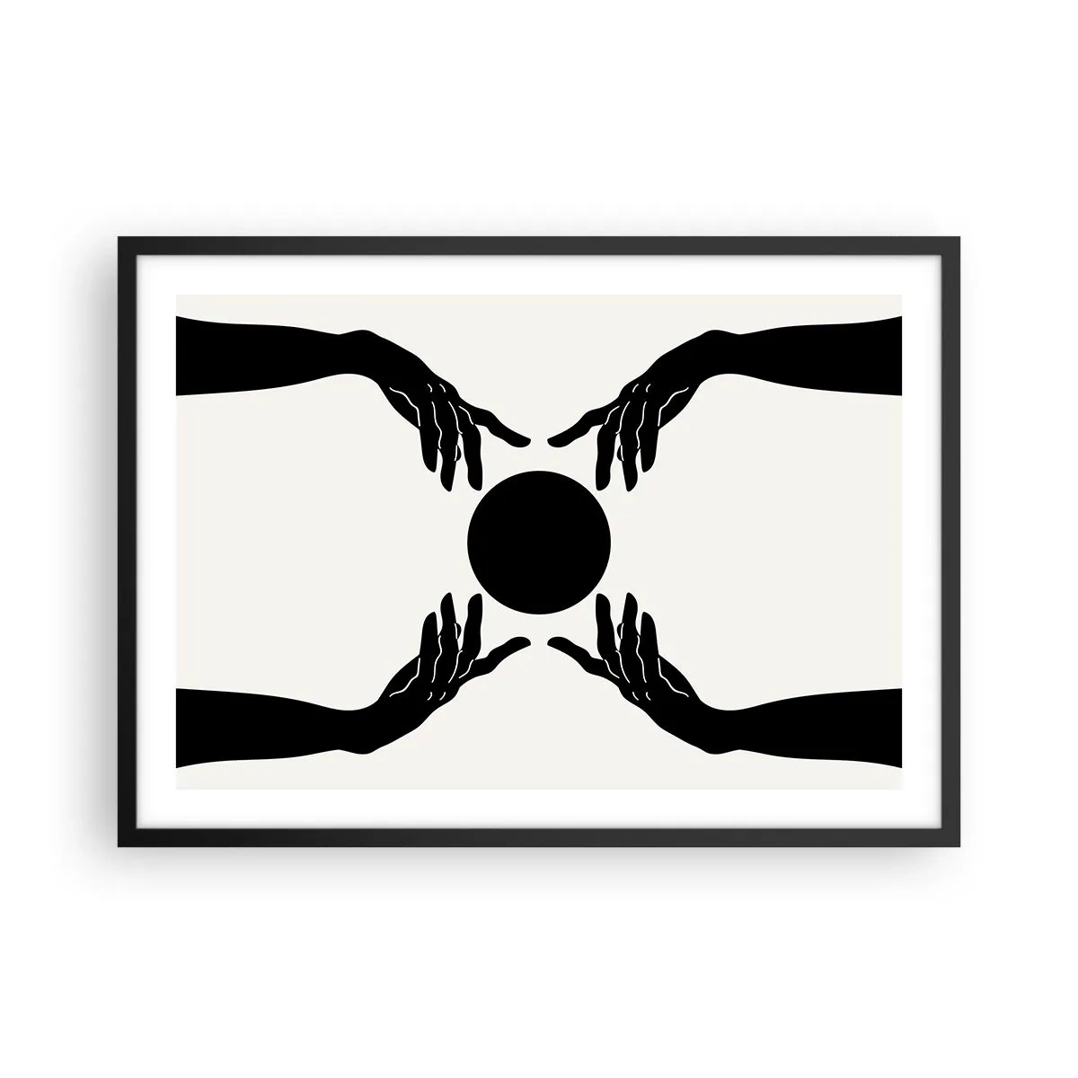 Poster in einem schwarzem Rahmen - Schwarze Hände in einer symmetrischen Komposition mit einer Kugel - 70x50cm - Geheimes Zeichen - Moderne Wanddekoration für Wohnzimmer und Schlafzimmer ARTTOR