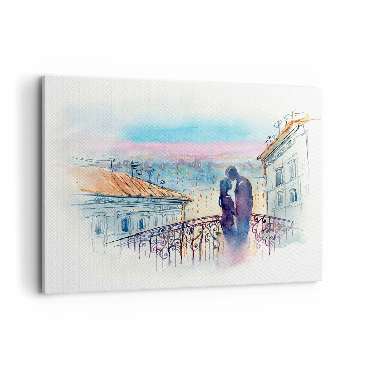 Bild auf Leinwand - Leinwandbild - Romantisches Paar auf einem Balkon mit Blick auf die Stadt - 100x70cm - Paris-Liebhaber - Moderne Wanddekoration für Wohnzimmer und Schlafzimmer ARTTOR