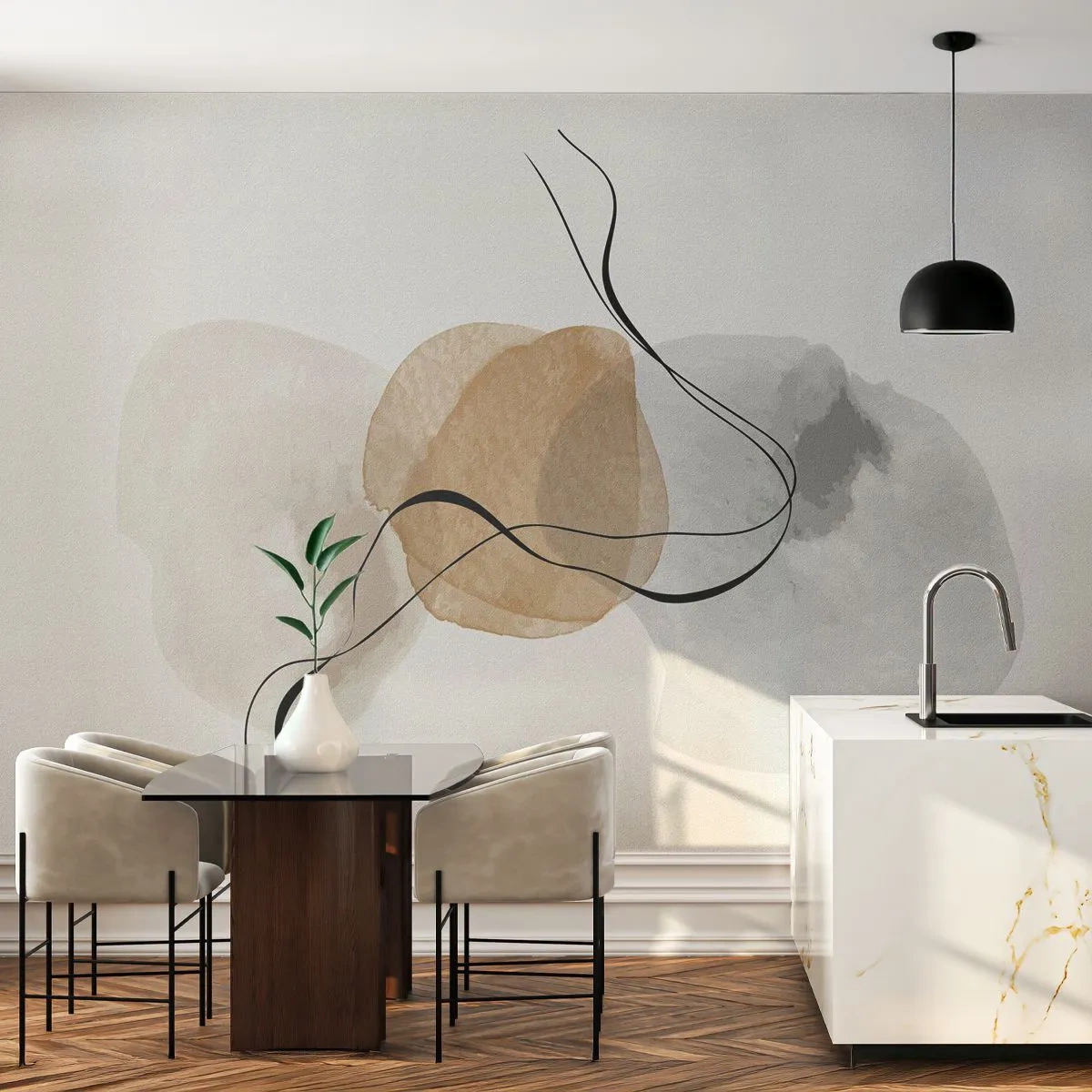 Fototapete Premium Canvas - Minimalistische Abstraktion in Beige- und Grautönen - 100x70cm - Luftperlen - Moderne Wanddekoration für Wohnzimmer und Schlafzimmer ARTTOR
