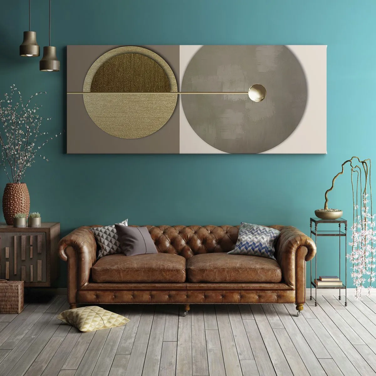Bild auf Leinwand - Leinwandbild - Abstrakte Kreise in Gold- und Beigetönen - 140x50cm - Perfekte Balance - Moderne Wanddekoration für Wohnzimmer und Schlafzimmer ARTTOR