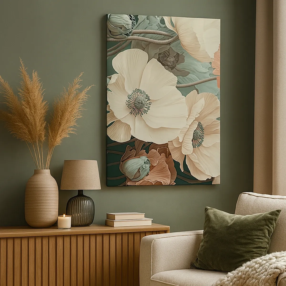 Bild auf Leinwand - Leinwandbild - Elegante Blumen in Pastelltönen auf grünem Hintergrund - 50x70cm - Flüstern von Mohnblumen - Moderne Wanddekoration für Wohnzimmer und Schlafzimmer ARTTOR