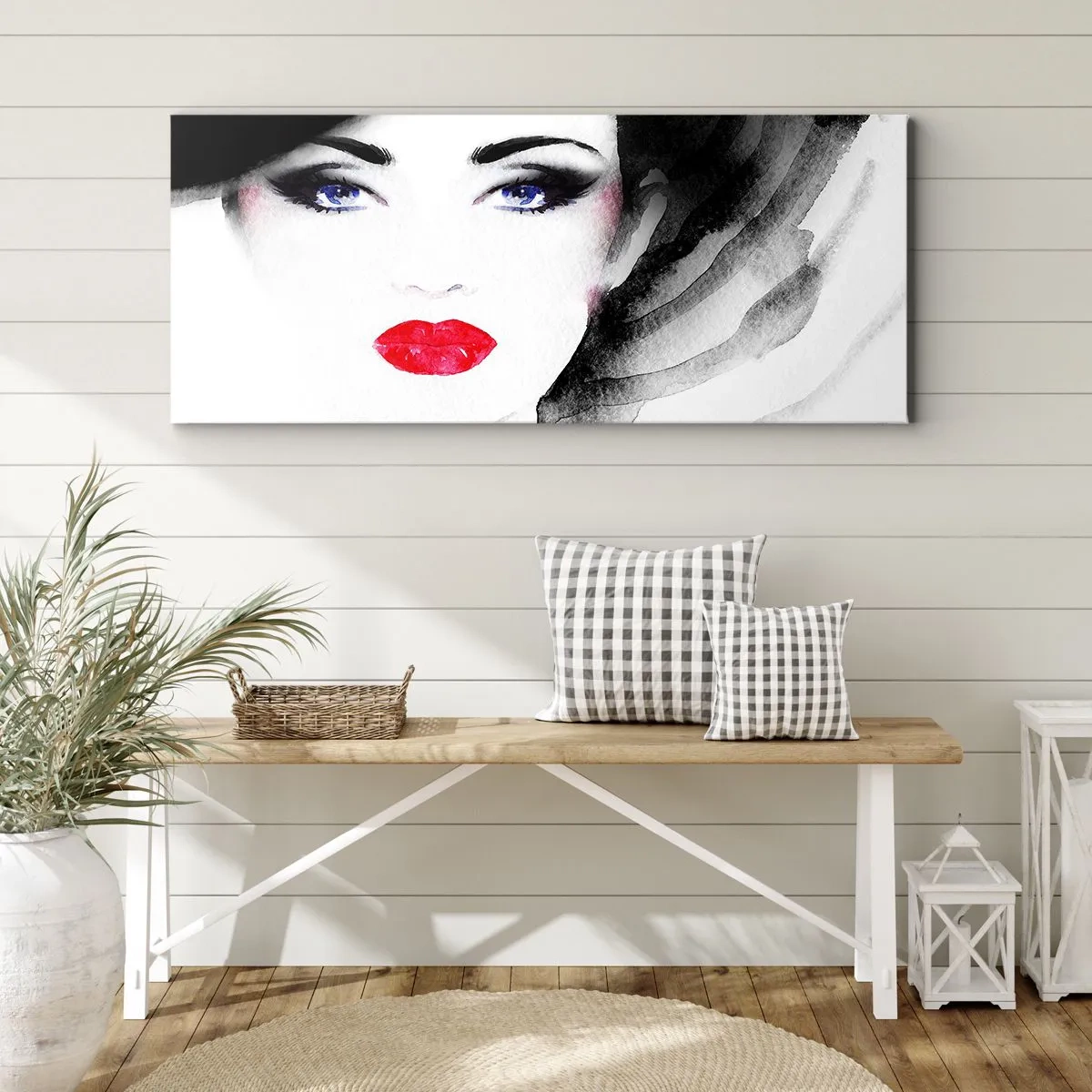 Bild auf Leinwand - Leinwandbild - Porträt einer Frau mit roten Lippen und intensiven blauen Augen - 120x50cm - Er drückt zurück und ruft an - Moderne Wanddekoration für Wohnzimmer und Schlafzimmer ARTTOR