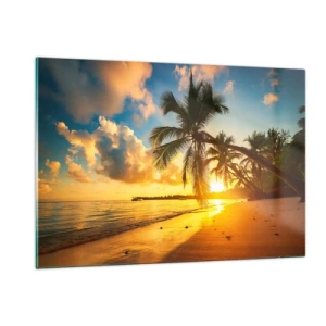 Glasbild - Bild auf glas - Tropischer Strand mit Palmen bei Sonnenuntergang - 120x80cm - Karibischer Traum - Moderne Wanddekoration für Wohnzimmer und Schlafzimmer ARTTOR