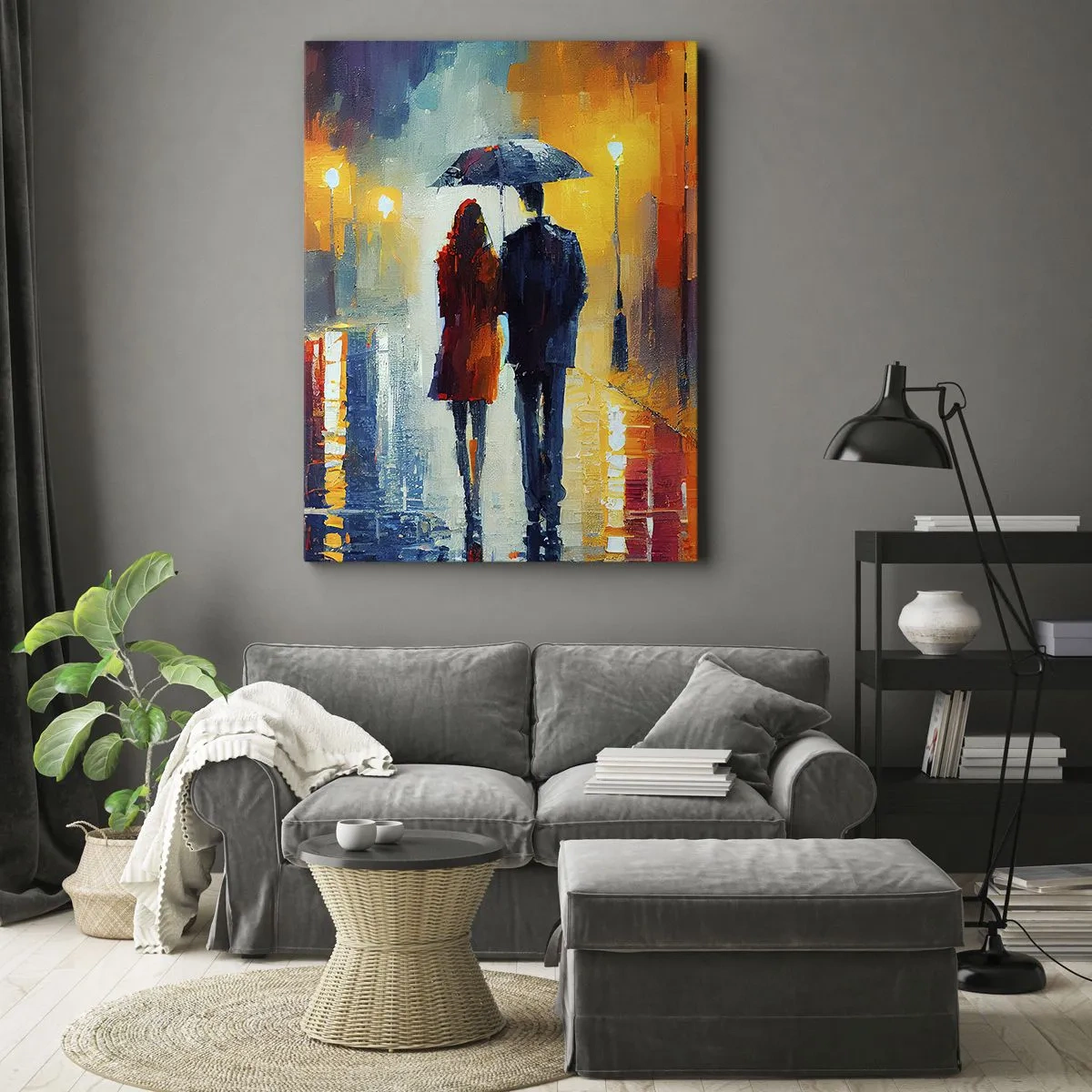 Bild auf Leinwand - Leinwandbild - Ein Paar unter einem Regenschirm, das durch eine farbenfrohe Nachtstadt spaziert - 50x70cm - Gemeinsam – eine bunte Nacht - Moderne Wanddekoration für Wohnzimmer und Schlafzimmer ARTTOR