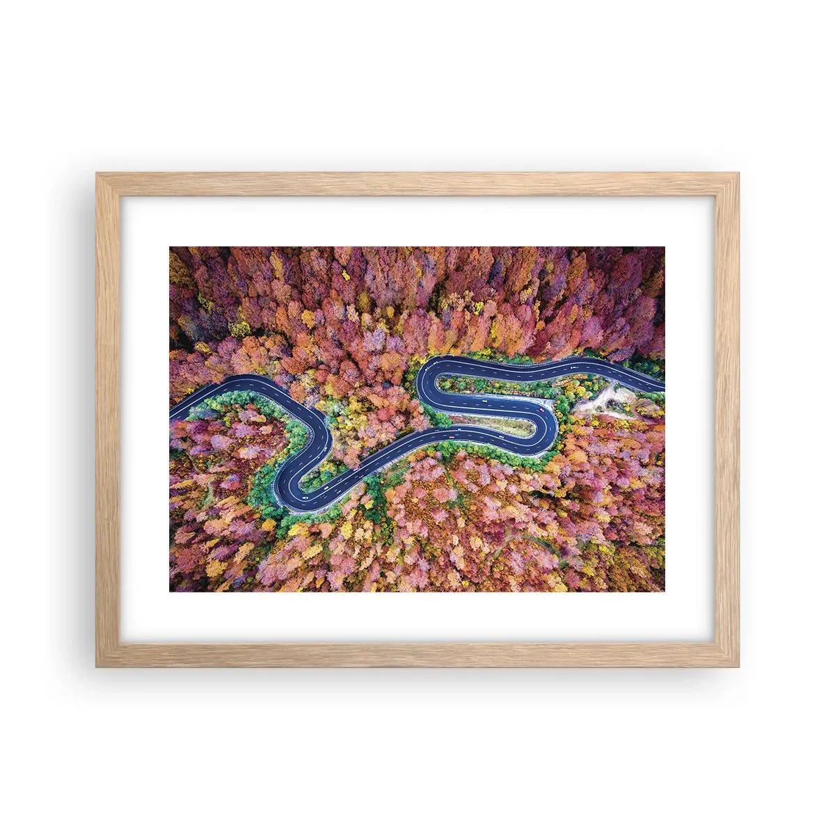 Poster in einem Rahmen aus heller Eiche - Kurvenreicher Weg durch den Wald - 40x30 cm