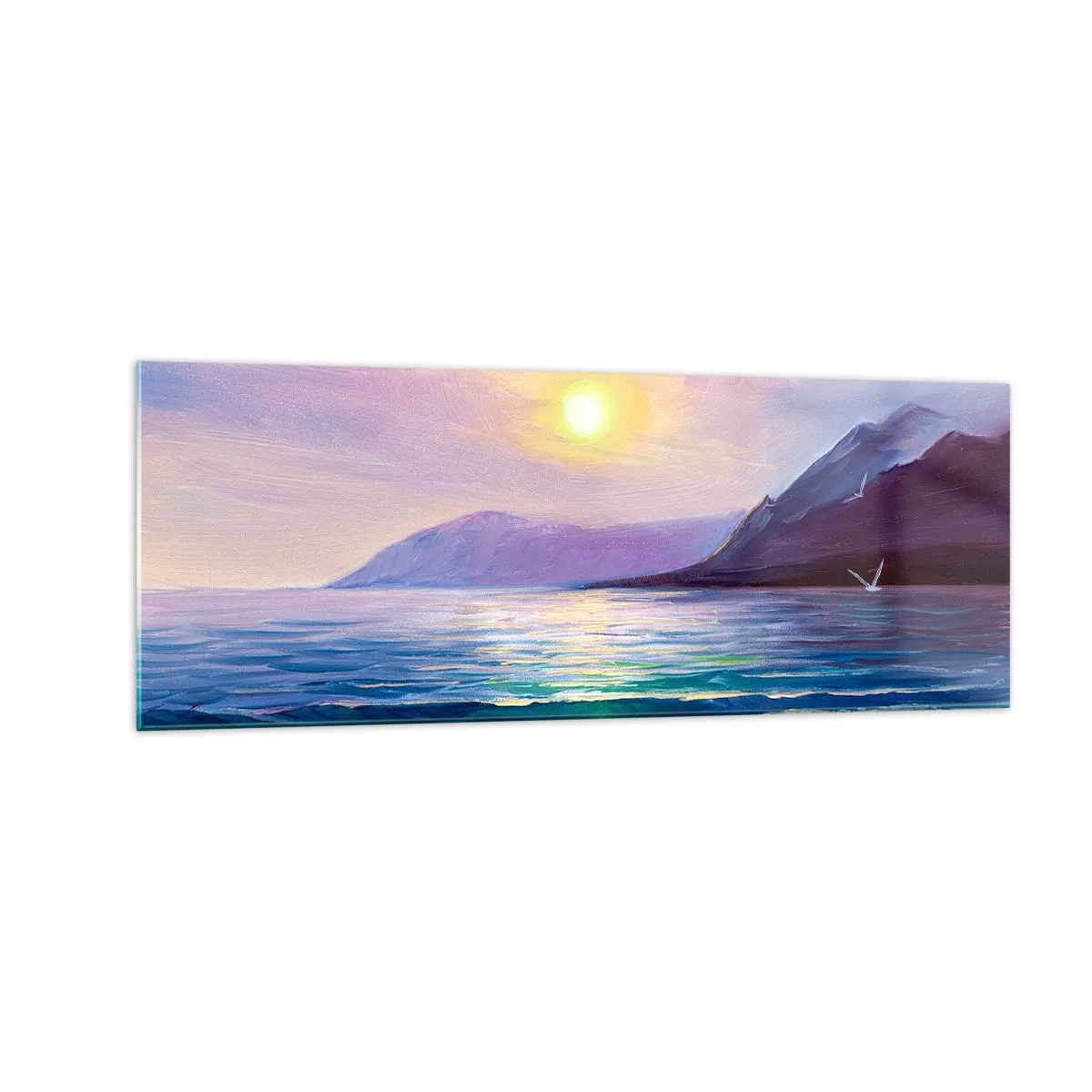 Glasbild - Bild auf glas - Eine malerische Meereslandschaft bei Sonnenuntergang mit Wellen und Bergen - 140x50cm - Wasser- und Luftkristall - Moderne Wanddekoration für Wohnzimmer und Schlafzimmer ARTTOR
