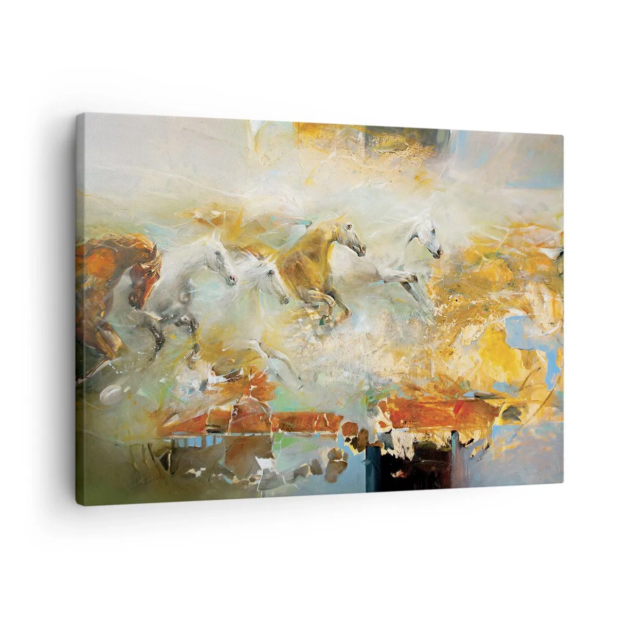Bild auf Leinwand - Leinwandbild - Künstlerische Pferde in einer dynamischen, farbenfrohen Umgebung - 70x50cm - Im Galopp durch das Licht - Moderne Wanddekoration für Wohnzimmer und Schlafzimmer ARTTOR