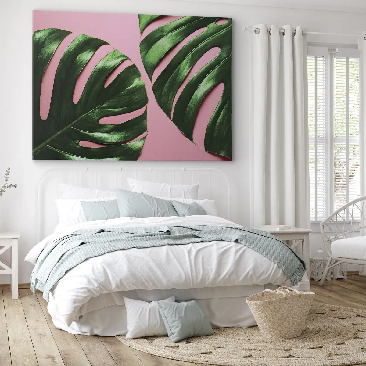 Bild auf Leinwand - Leinwandbild - Grüne Monstera-Blätter auf rosa Hintergrund - 70x50cm - Rendezvous im Grünen - Moderne Wanddekoration für Wohnzimmer und Schlafzimmer ARTTOR
