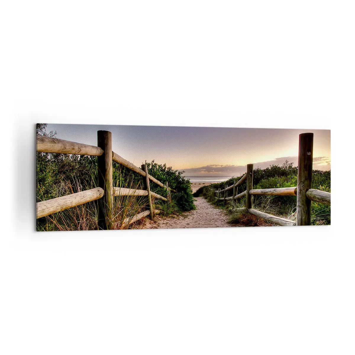 Bild auf Leinwand - Leinwandbild - Holzweg in den Dünen, der bei Sonnenuntergang zum Strand führt - 160x50cm - Das Ziel ist bereits sichtbar - Moderne Wanddekoration für Wohnzimmer und Schlafzimmer ARTTOR