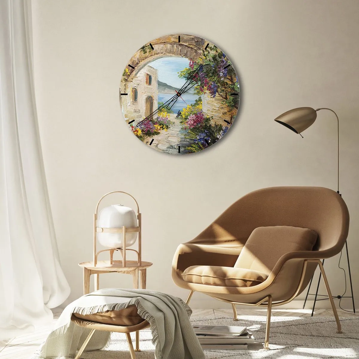 Wanduhr - Glasuhr - Eine stimmungsvolle Straße mit Blumen und Blick aufs Meer - 30x30cm - Charme einer Küstenprovinz - Moderne Wanddekoration für Wohnzimmer, Küche und Schlafzimmer ARTTOR